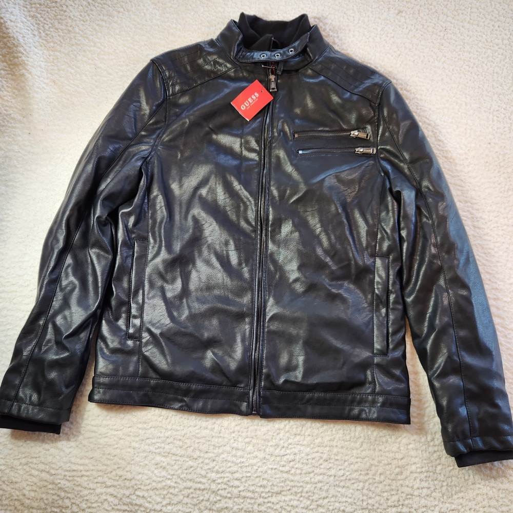 Guess NWT Jet Black Faux Leather Biker Jacket Mens Stand Collar Zipper Waylen M